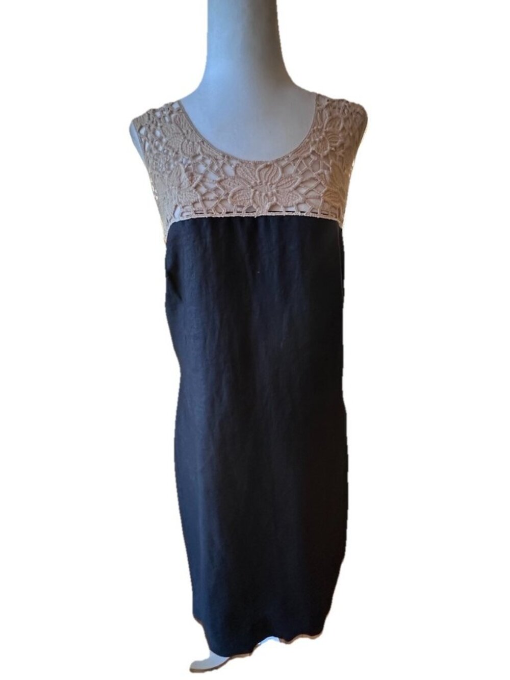 LOFT Linen Black And Cream Lace Crochet Floral Sleeveless Sheath Dress Size 10P